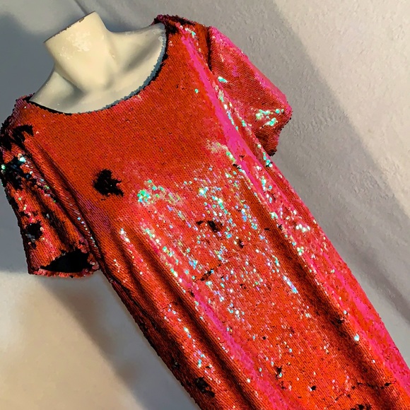 Iridescent Coral Black Midi Dress Mermaid Sequins - Picture 5 of 15